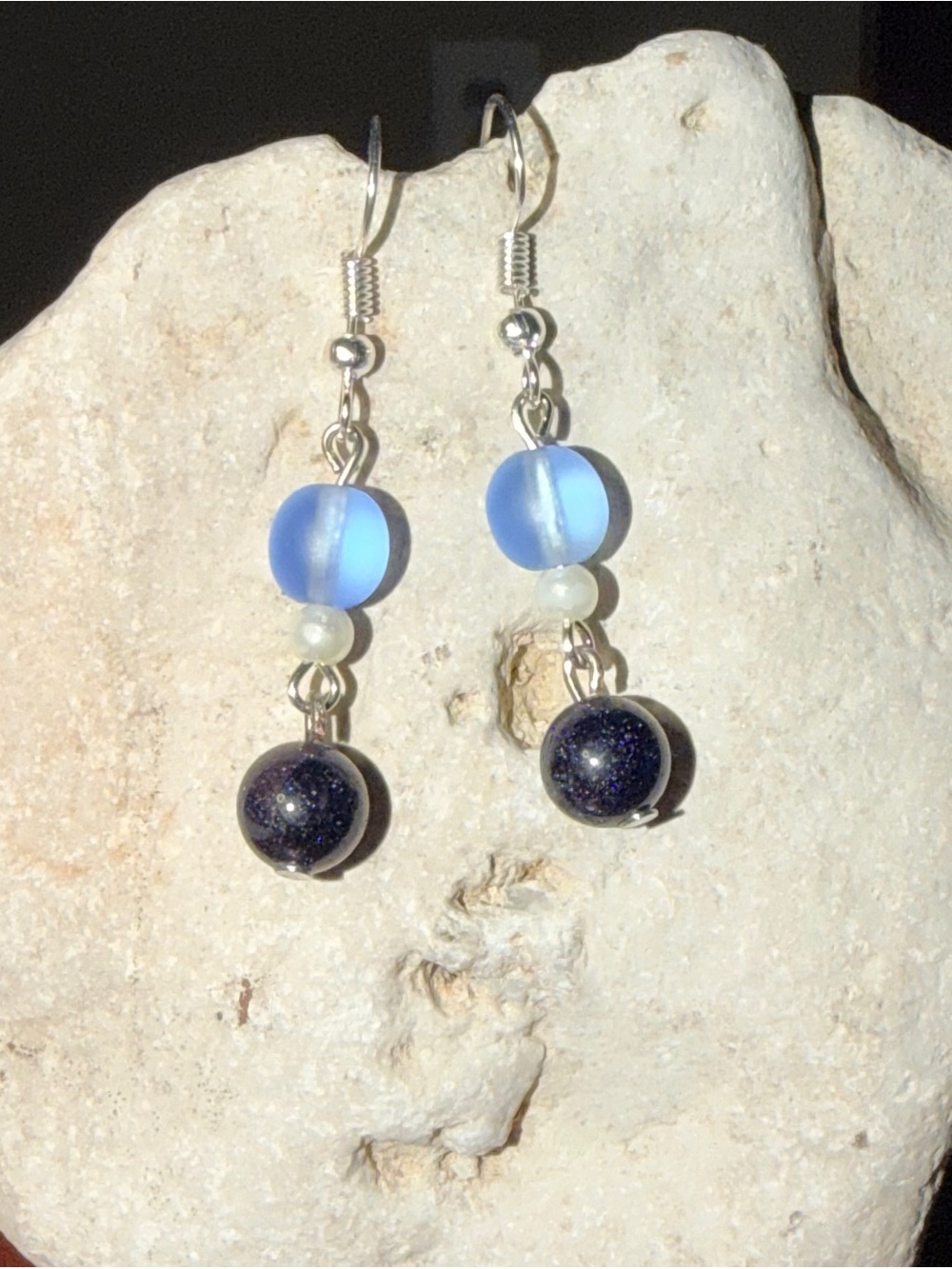 ✨Handmade✨ Silver-Tone Blue Bead Dangle Earrings - Hypoallergenic